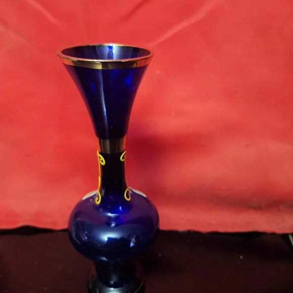 Vintage Bohemian Cobalt Blue Bud Vase – Hand-Painted Gold & Floral – 8" - Picture 5 of 11